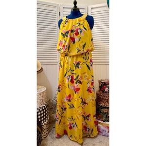 ROBBIE BEE Yellow Floral Sleeveless Maxi Dress, Size 16W